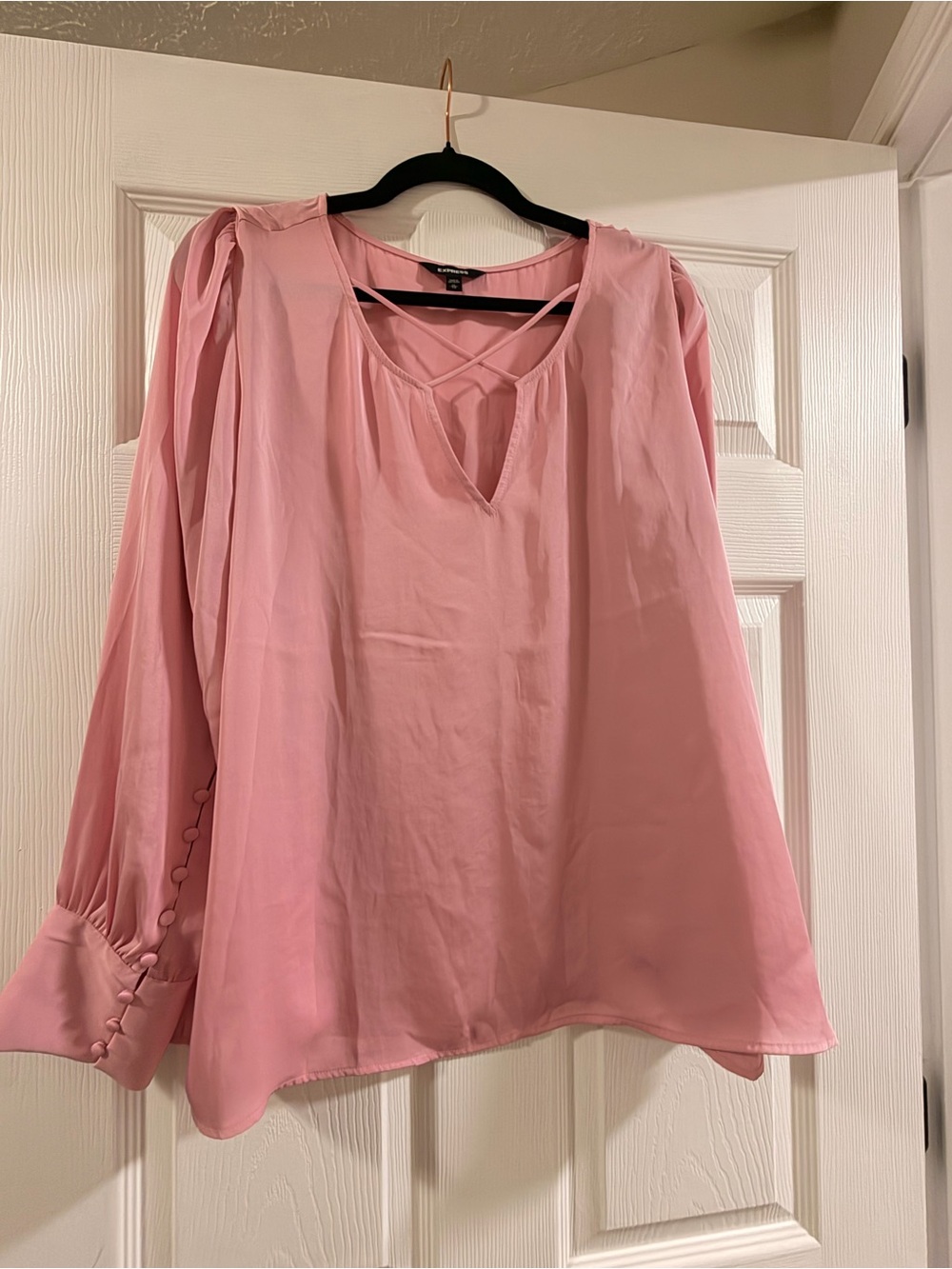 Express Pink V-Neck Long Sleeve Blouse with Button Cuffs
